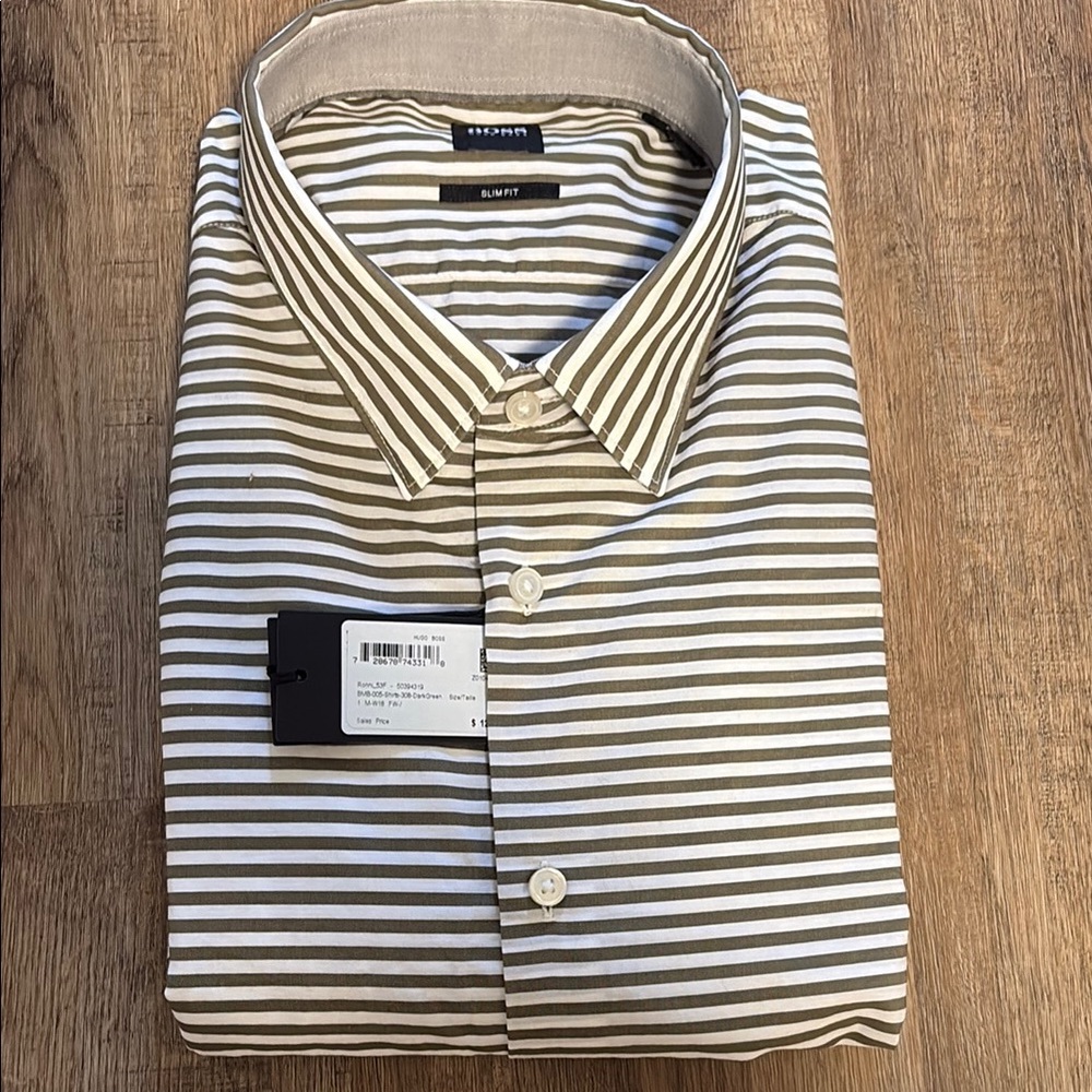 Hugo Boss Men's slim fit, long sleeve Striped Shirt - dark green  and White